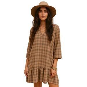 Wrap London Brown Plaid Linen Midi Dress Women's Sz 10 Lagen Boho